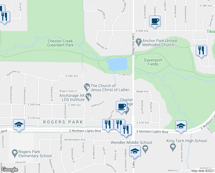 map of restaurants, bars, coffee shops, grocery stores, and more near 2135 Sorbus Way in Anchorage