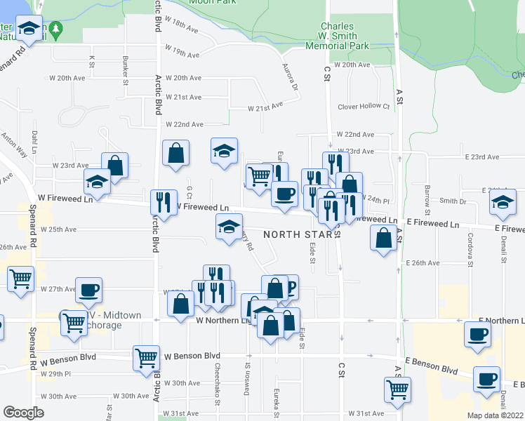 map of restaurants, bars, coffee shops, grocery stores, and more near 440 West Fireweed Lane in Anchorage