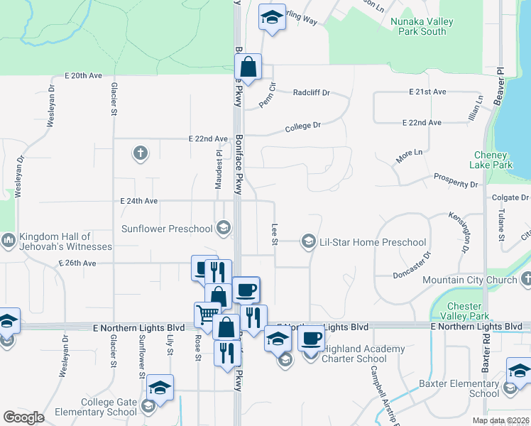 map of restaurants, bars, coffee shops, grocery stores, and more near 2412 Lee Street in Anchorage