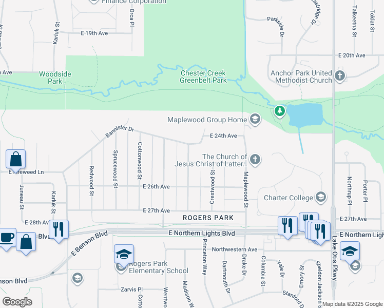 map of restaurants, bars, coffee shops, grocery stores, and more near 1701 Rogers Park Court in Anchorage