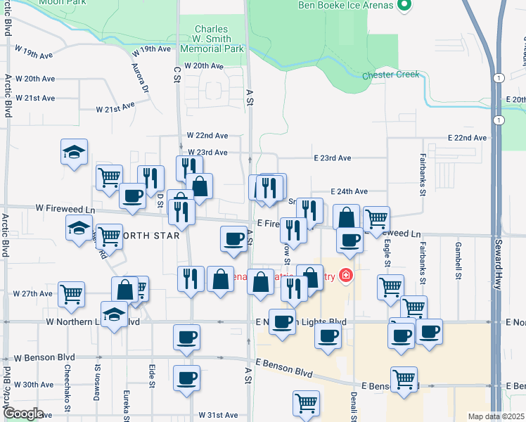 map of restaurants, bars, coffee shops, grocery stores, and more near 123 East Fireweed Lane in Anchorage