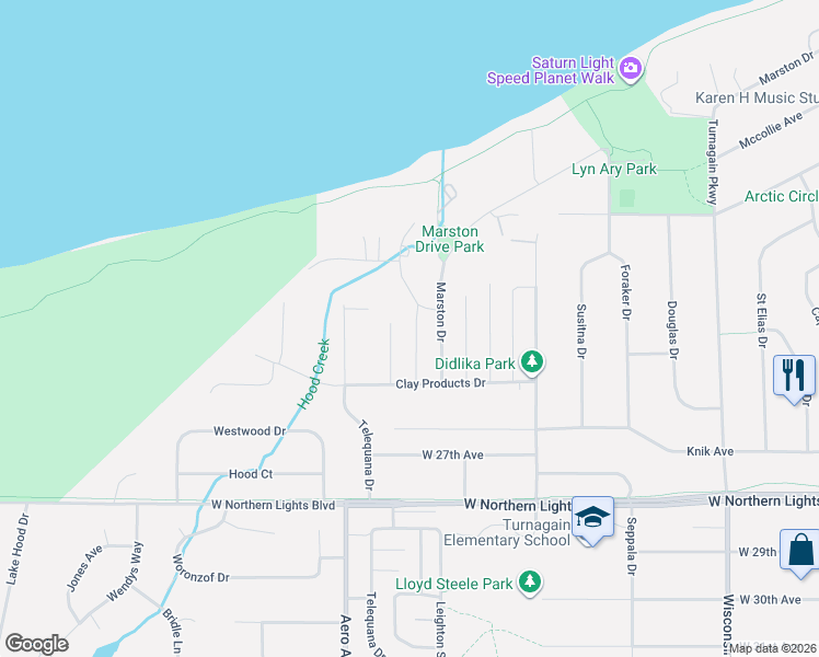 map of restaurants, bars, coffee shops, grocery stores, and more near 2419 Spurr Lane in Anchorage