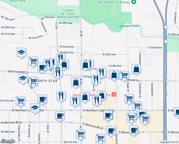 map of restaurants, bars, coffee shops, grocery stores, and more near 149 East Fireweed Lane in Anchorage