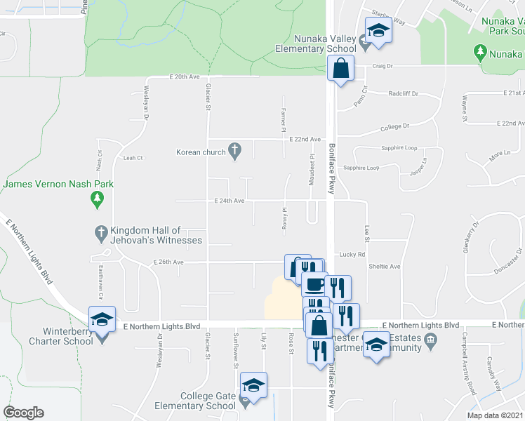 map of restaurants, bars, coffee shops, grocery stores, and more near 5232 East 24th Avenue in Anchorage