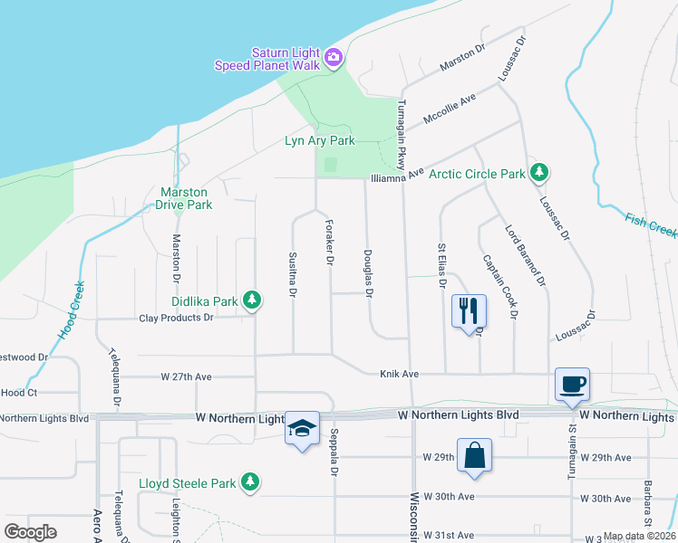 map of restaurants, bars, coffee shops, grocery stores, and more near 2415 Foraker Drive in Anchorage