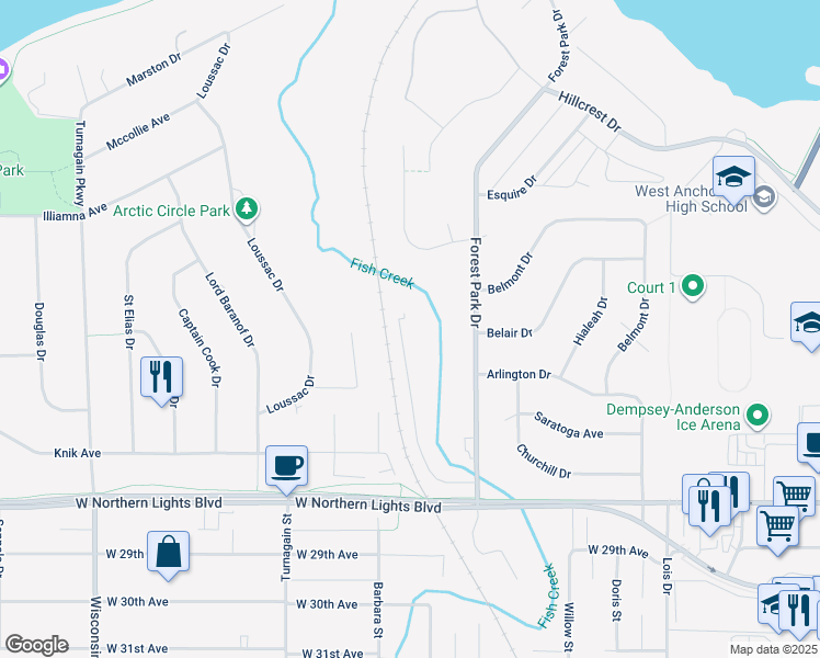 map of restaurants, bars, coffee shops, grocery stores, and more near 2415 La Honda Drive in Anchorage