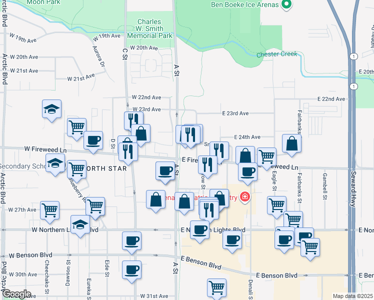 map of restaurants, bars, coffee shops, grocery stores, and more near 149 East Fireweed Lane in Anchorage