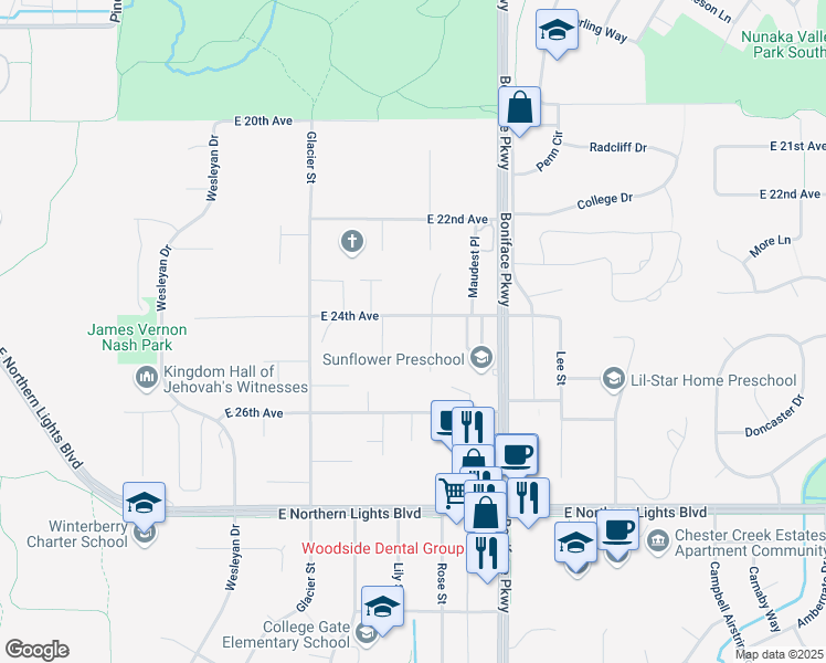 map of restaurants, bars, coffee shops, grocery stores, and more near 5232 East 24th Avenue in Anchorage