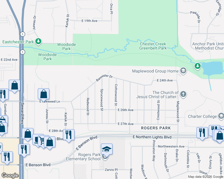 map of restaurants, bars, coffee shops, grocery stores, and more near 2444 Cottonwood Street in Anchorage