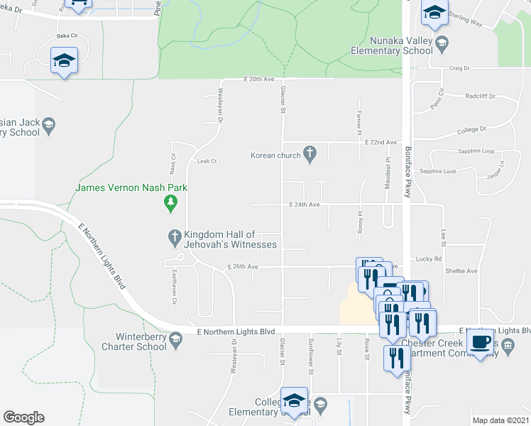 map of restaurants, bars, coffee shops, grocery stores, and more near 5026 East 24th Avenue in Anchorage