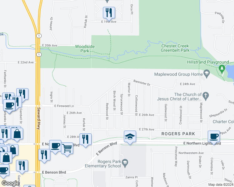map of restaurants, bars, coffee shops, grocery stores, and more near 2440 Sprucewood Street in Anchorage