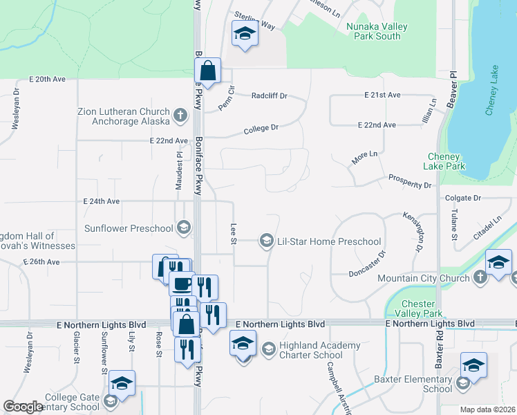 map of restaurants, bars, coffee shops, grocery stores, and more near 5650 Renee Circle in Anchorage