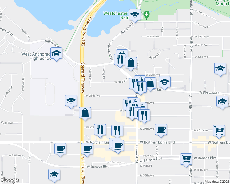 map of restaurants, bars, coffee shops, grocery stores, and more near 1326 West 25th Avenue in Anchorage