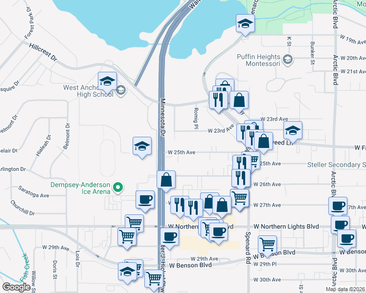 map of restaurants, bars, coffee shops, grocery stores, and more near 1443 West 25th Avenue in Anchorage