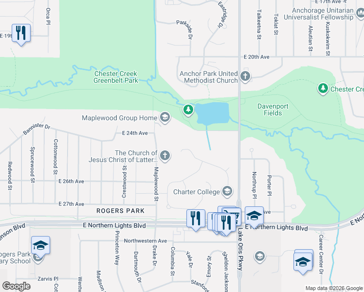 map of restaurants, bars, coffee shops, grocery stores, and more near 2103 Sorbus Way in Anchorage