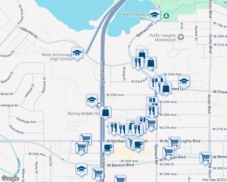 map of restaurants, bars, coffee shops, grocery stores, and more near 1443 West 25th Avenue in Anchorage