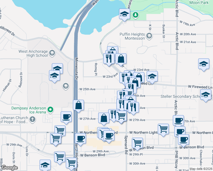 map of restaurants, bars, coffee shops, grocery stores, and more near 1326 West 25th Avenue in Anchorage