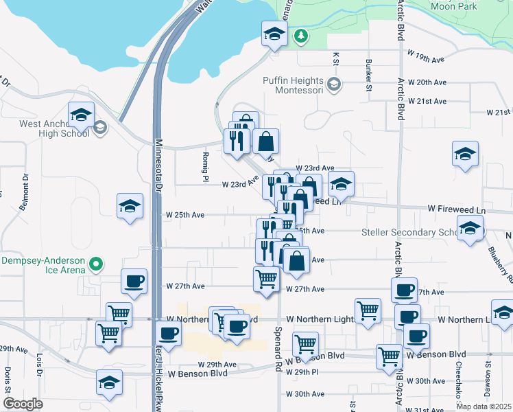 map of restaurants, bars, coffee shops, grocery stores, and more near 1237 West 25th Avenue in Anchorage