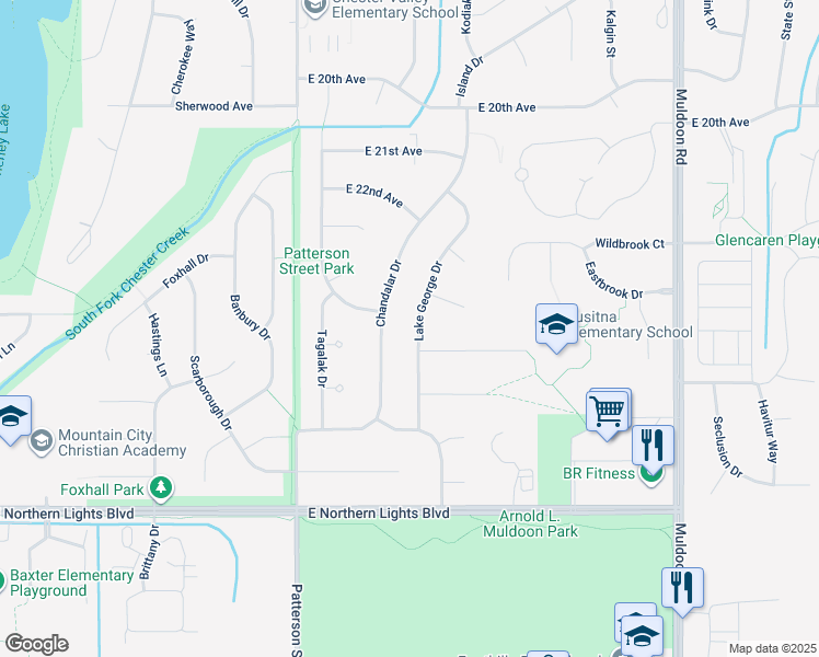 map of restaurants, bars, coffee shops, grocery stores, and more near 2360 Lake George Drive in Anchorage