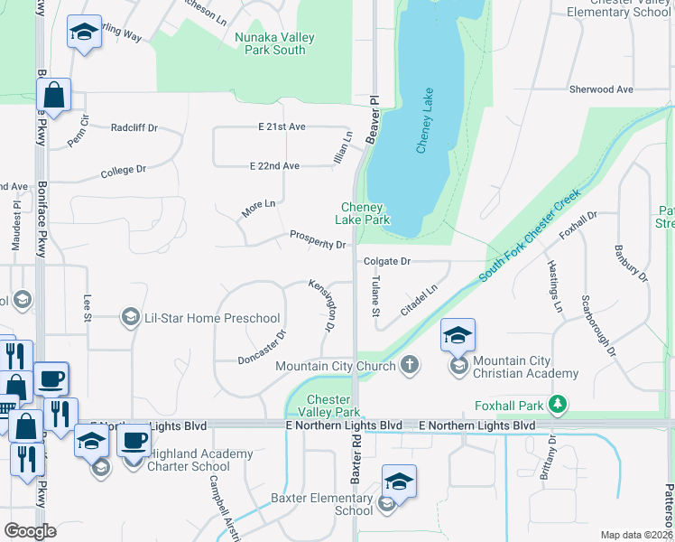 map of restaurants, bars, coffee shops, grocery stores, and more near 6219 Dunbar Lane in Anchorage