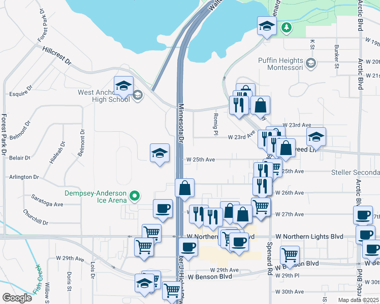 map of restaurants, bars, coffee shops, grocery stores, and more near 1443 West 25th Avenue in Anchorage