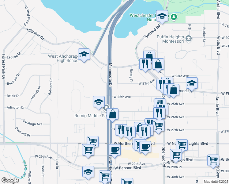map of restaurants, bars, coffee shops, grocery stores, and more near 1473 West 25th Avenue in Anchorage