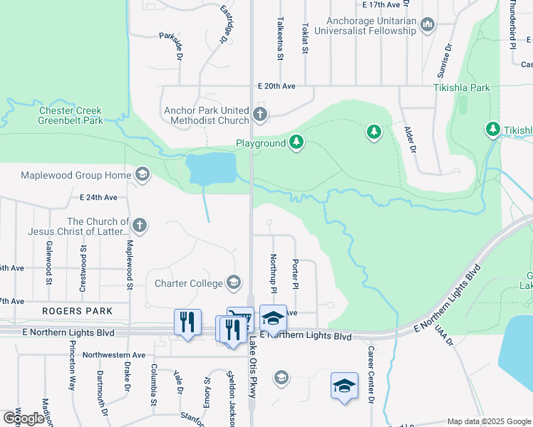 map of restaurants, bars, coffee shops, grocery stores, and more near 2421 Lake Otis Parkway in Anchorage