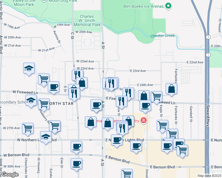 map of restaurants, bars, coffee shops, grocery stores, and more near 149 East Fireweed Lane in Anchorage