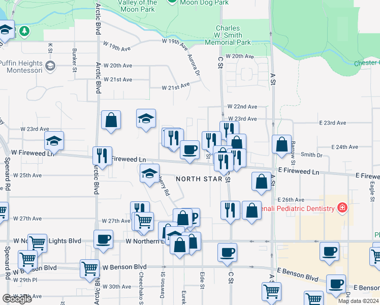 map of restaurants, bars, coffee shops, grocery stores, and more near 2415 Eureka Street in Anchorage