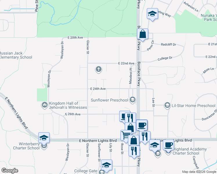 map of restaurants, bars, coffee shops, grocery stores, and more near 5232 East 24th Avenue in Anchorage