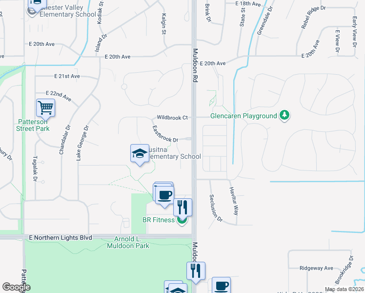 map of restaurants, bars, coffee shops, grocery stores, and more near 2423 Hillbrook Circle in Anchorage