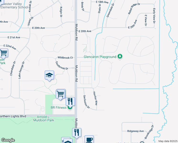 map of restaurants, bars, coffee shops, grocery stores, and more near 7989 Hillshire Court in Anchorage