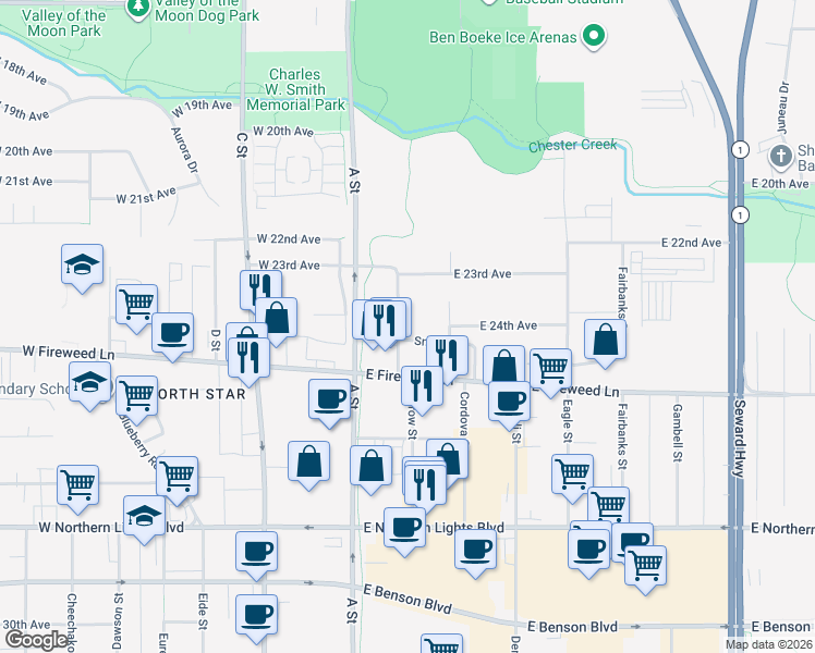 map of restaurants, bars, coffee shops, grocery stores, and more near 149 East Fireweed Lane in Anchorage