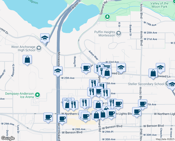 map of restaurants, bars, coffee shops, grocery stores, and more near 1237 West 25th Avenue in Anchorage