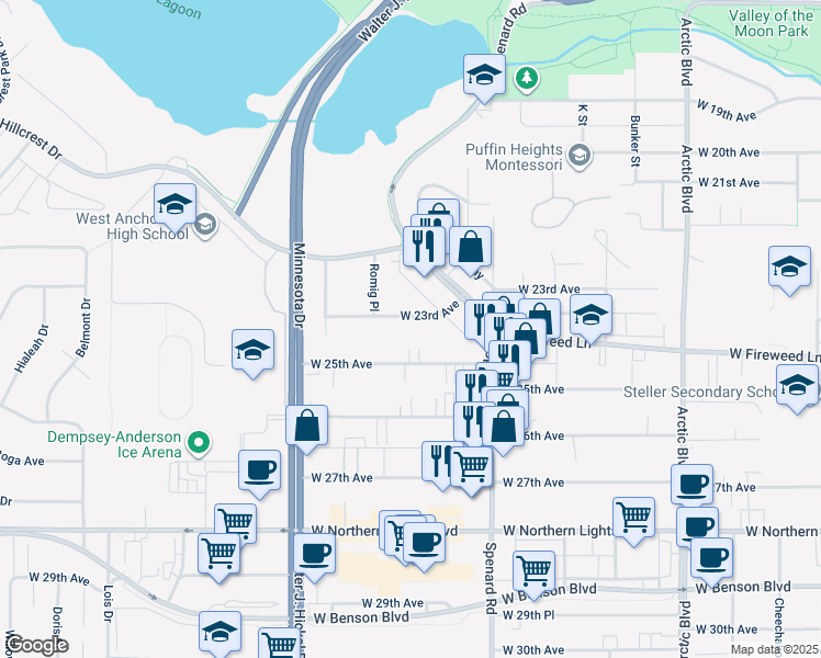 map of restaurants, bars, coffee shops, grocery stores, and more near 1326 West 25th Avenue in Anchorage