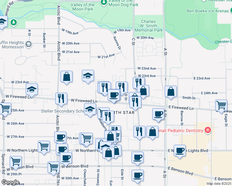 map of restaurants, bars, coffee shops, grocery stores, and more near 2403 Eureka Street in Anchorage