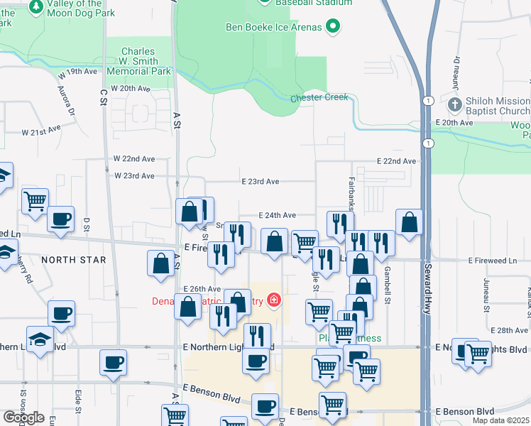 map of restaurants, bars, coffee shops, grocery stores, and more near 327 East Fireweed Lane in Anchorage