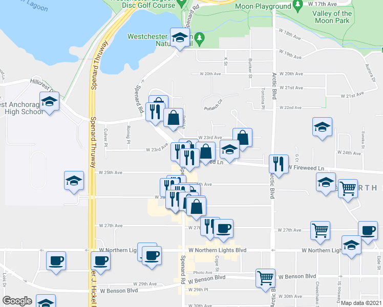 map of restaurants, bars, coffee shops, grocery stores, and more near 1080 West Fireweed Lane in Anchorage