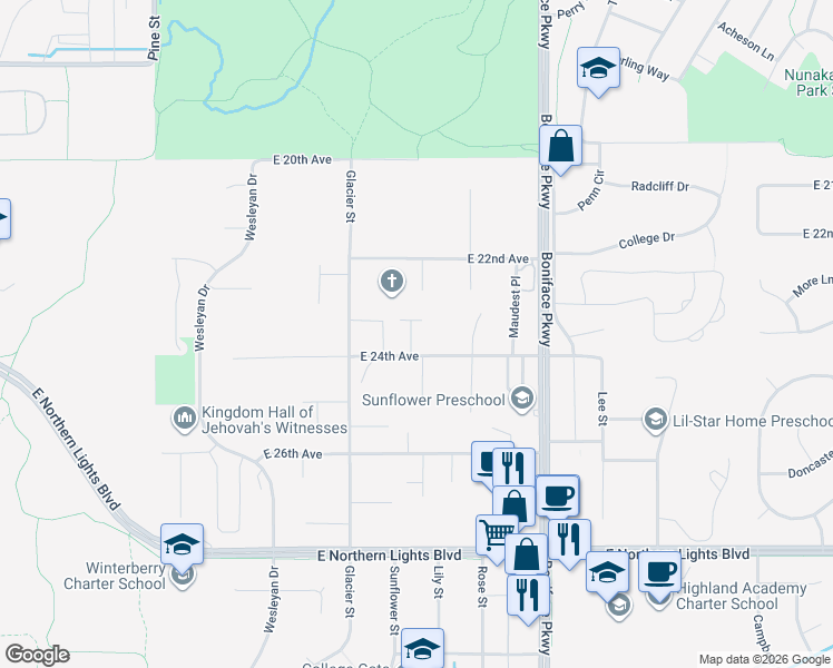 map of restaurants, bars, coffee shops, grocery stores, and more near 5144 East 22nd Avenue in Anchorage