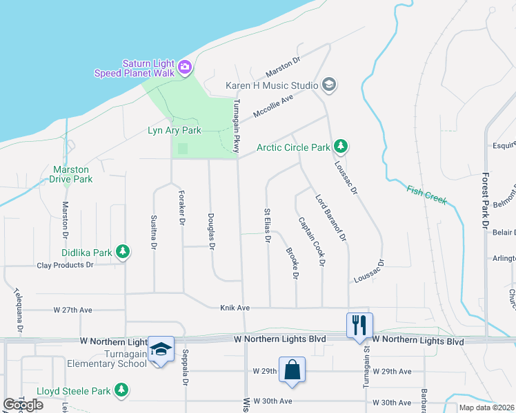 map of restaurants, bars, coffee shops, grocery stores, and more near 2259 Saint Elias Drive in Anchorage