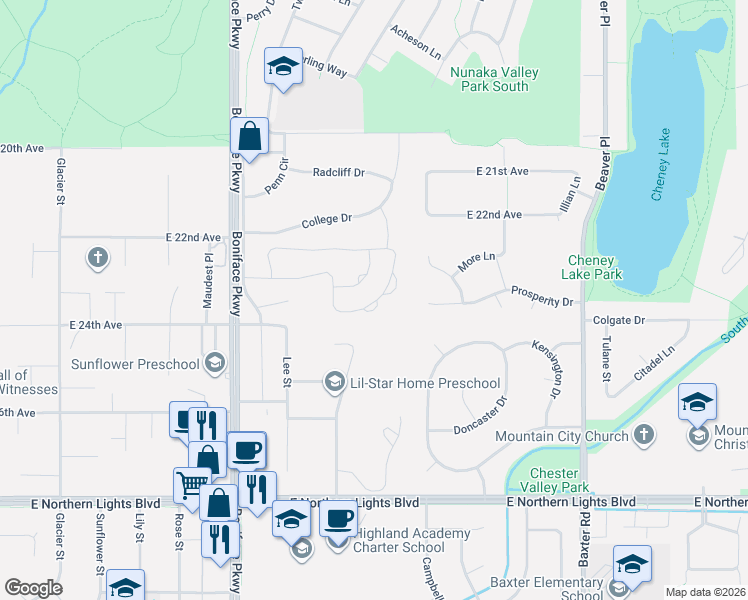 map of restaurants, bars, coffee shops, grocery stores, and more near 5660 Sapphire Loop in Anchorage