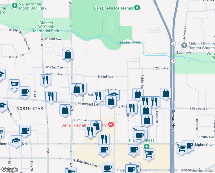 map of restaurants, bars, coffee shops, grocery stores, and more near 364 East 23rd Avenue in Anchorage