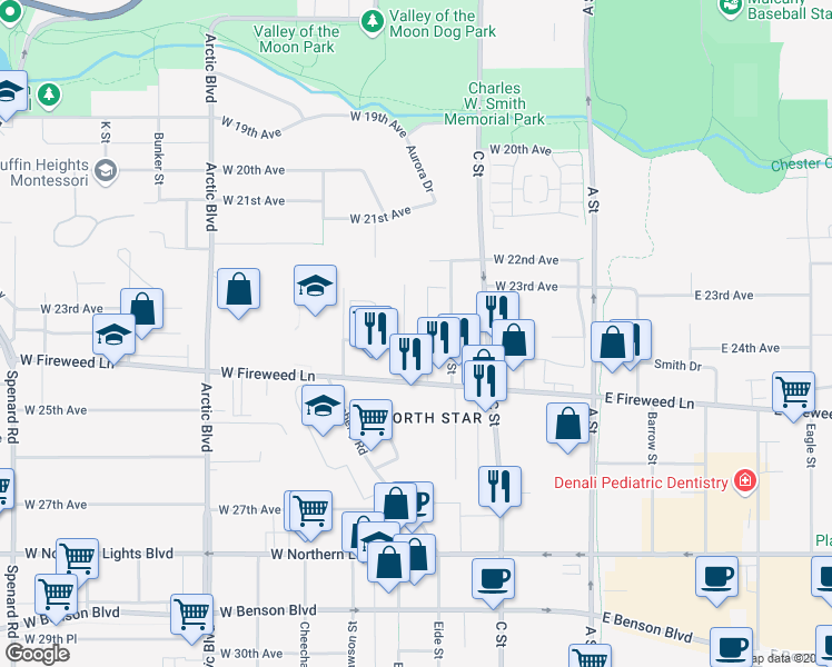 map of restaurants, bars, coffee shops, grocery stores, and more near 2209 Eureka Street in Anchorage