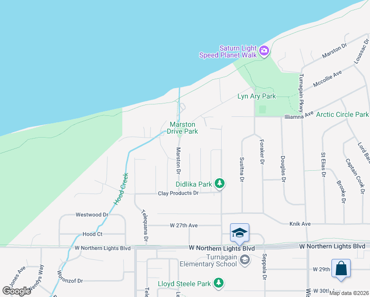 map of restaurants, bars, coffee shops, grocery stores, and more near 2171 West Marston Drive in Anchorage