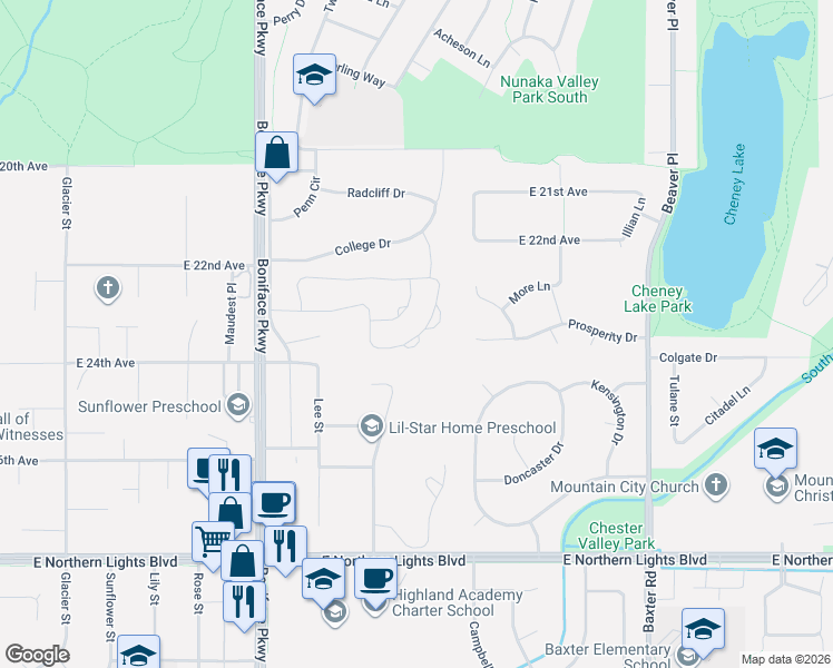 map of restaurants, bars, coffee shops, grocery stores, and more near 5660 Sapphire Loop in Anchorage
