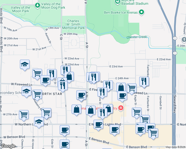 map of restaurants, bars, coffee shops, grocery stores, and more near 123 East 24th Avenue in Anchorage