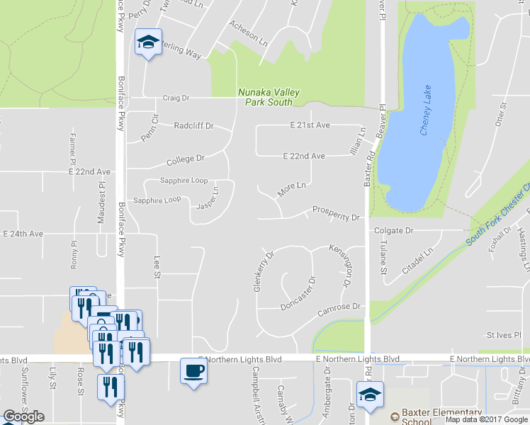 map of restaurants, bars, coffee shops, grocery stores, and more near 6005 More Lane in Anchorage