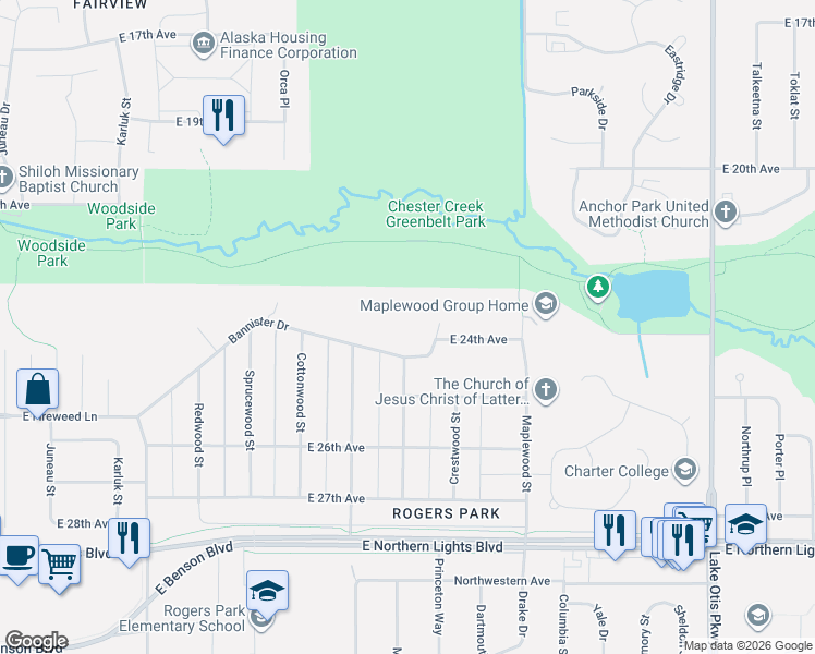 map of restaurants, bars, coffee shops, grocery stores, and more near 2316 Galewood Street in Anchorage