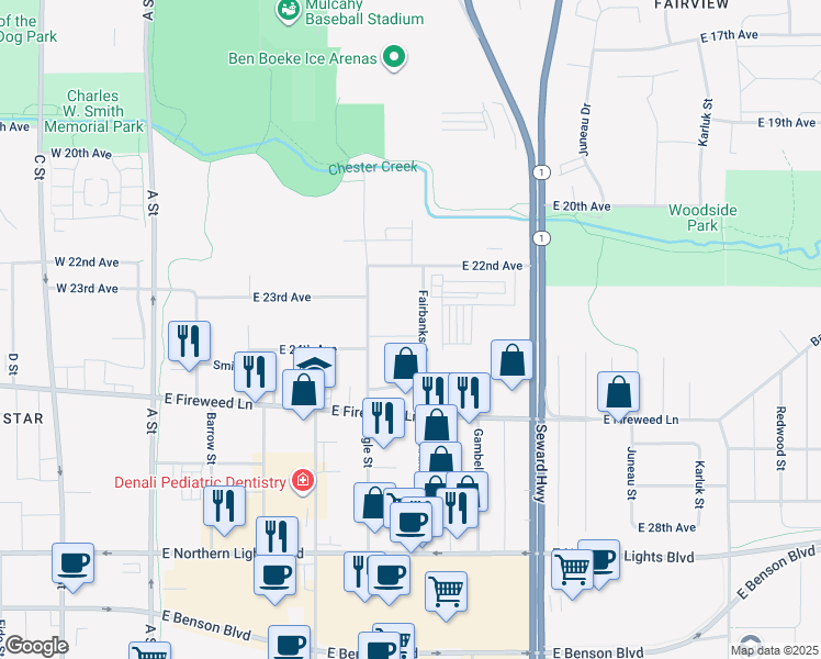 map of restaurants, bars, coffee shops, grocery stores, and more near 2306 Fairbanks Street in Anchorage