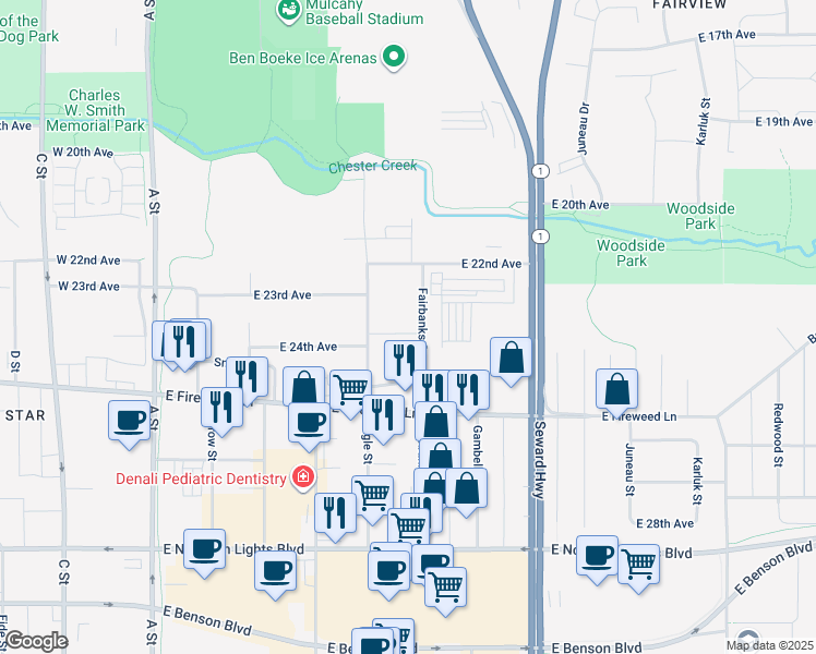 map of restaurants, bars, coffee shops, grocery stores, and more near 2306 Fairbanks Street in Anchorage